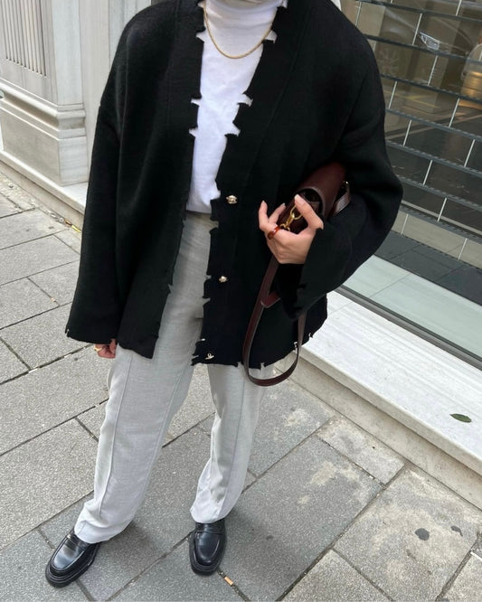 Chunky Knit Jacket With Gold Buttons-Black