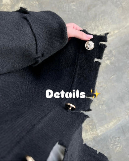 Chunky Knit Jacket With Gold Buttons-Black