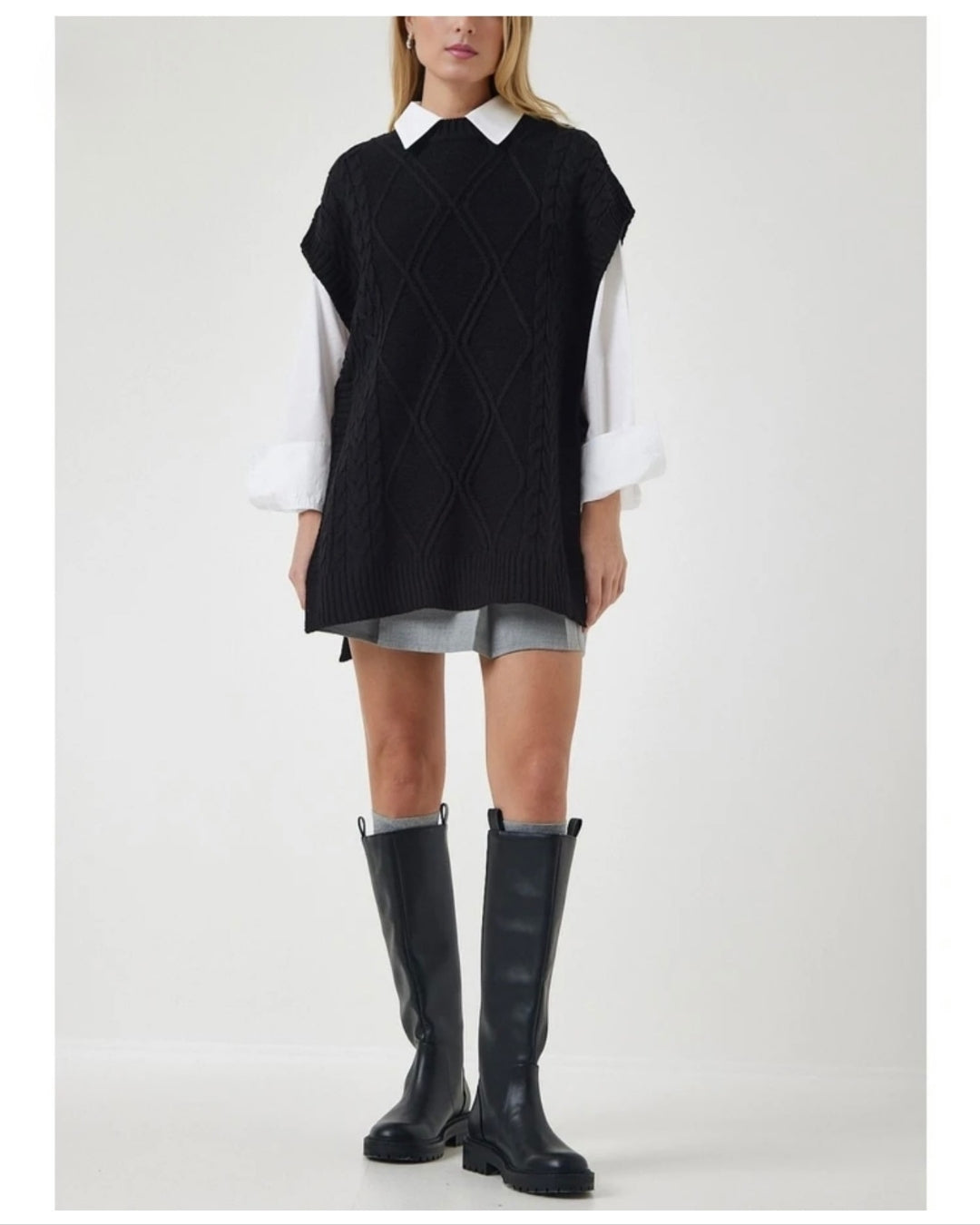Black Ribbed Knit Vest With Side Ties