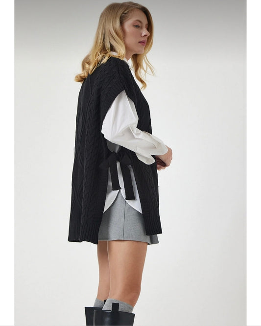 Black Ribbed Knit Vest With Side Ties