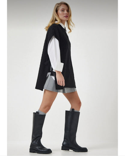Black Ribbed Knit Vest With Side Ties