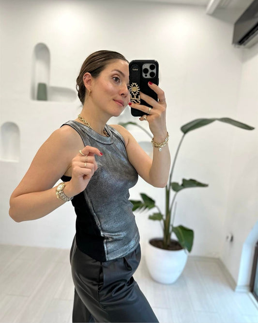 Metalic Sliver – Black Knit Tank Top