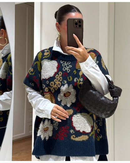 Navy Embroidered Heavy Knit Vest Pullover