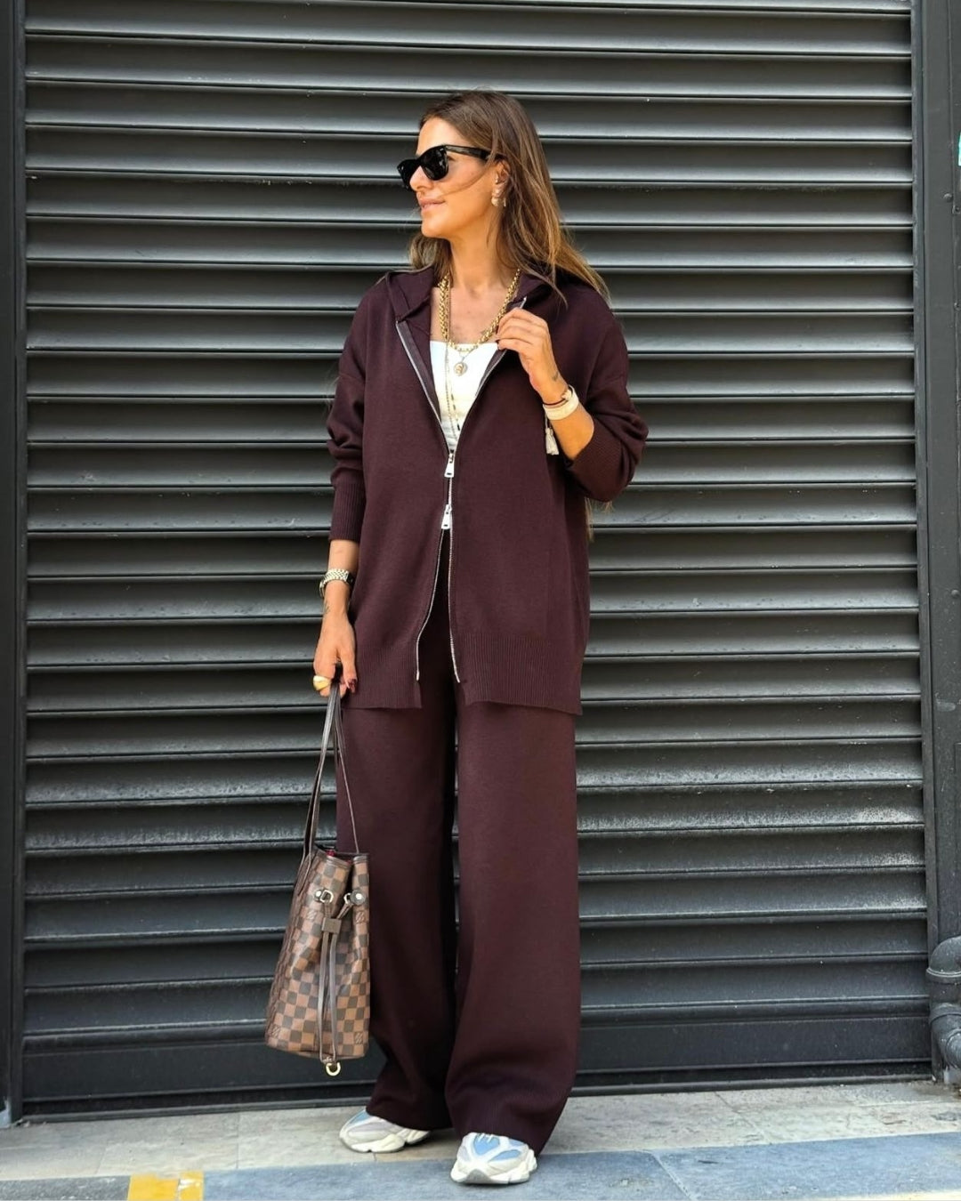 Burgundy Knit Double Zip- Up Hoodie Oysho Set