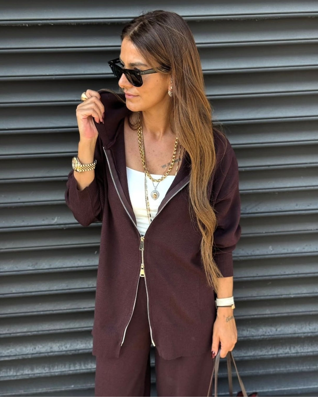 Burgundy Knit Double Zip- Up Hoodie Oysho Set