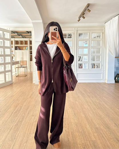 Burgundy Knit Double Zip- Up Hoodie Oysho Set