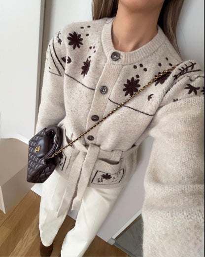 Beige Cardigan With Embroidery Flowers