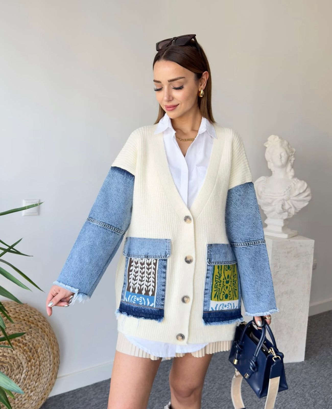 Ethnic Denim Jacket With Triko Pockets