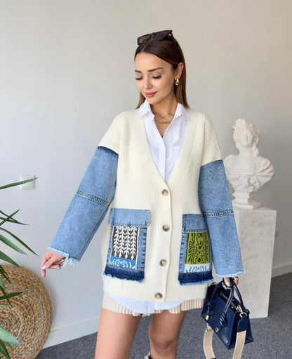 Ethnic Denim Jacket With Triko Pockets