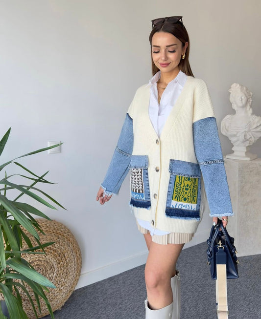 Ethnic Denim Jacket With Triko Pockets