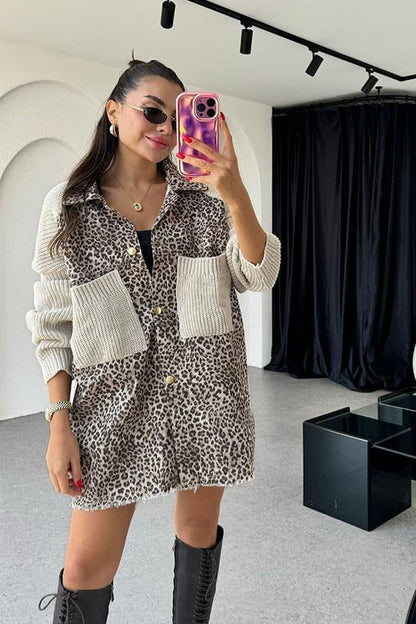 Denim Leopard Beige Knit jacket With Pockets