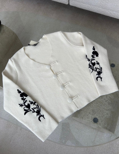 White Embroidered Knit Cardigan