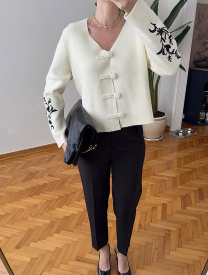 White Embroidered Knit Cardigan