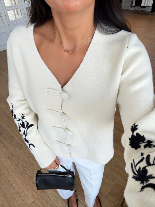 White Embroidered Knit Cardigan