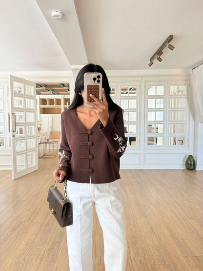 Brown Embroidered Knit Cardigan