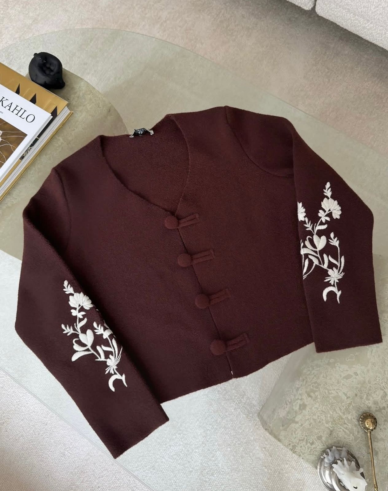 Brown Embroidered Knit Cardigan