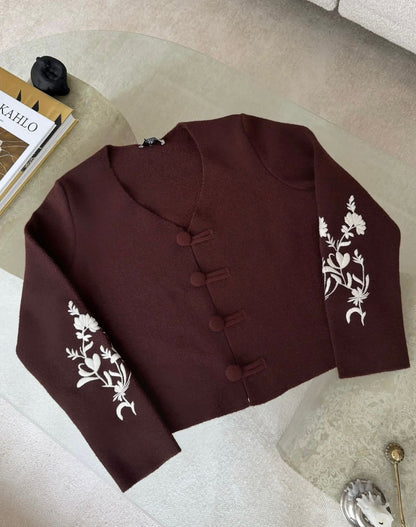 Brown Embroidered Knit Cardigan