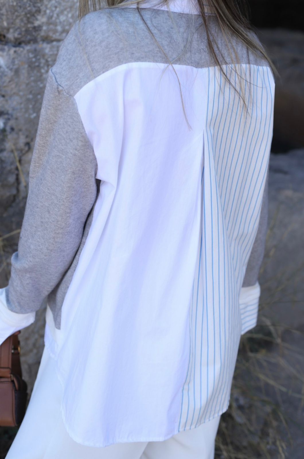 Grey Patchwork Shirt With Striped Details