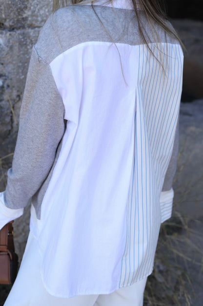 Grey Patchwork Shirt With Striped Details