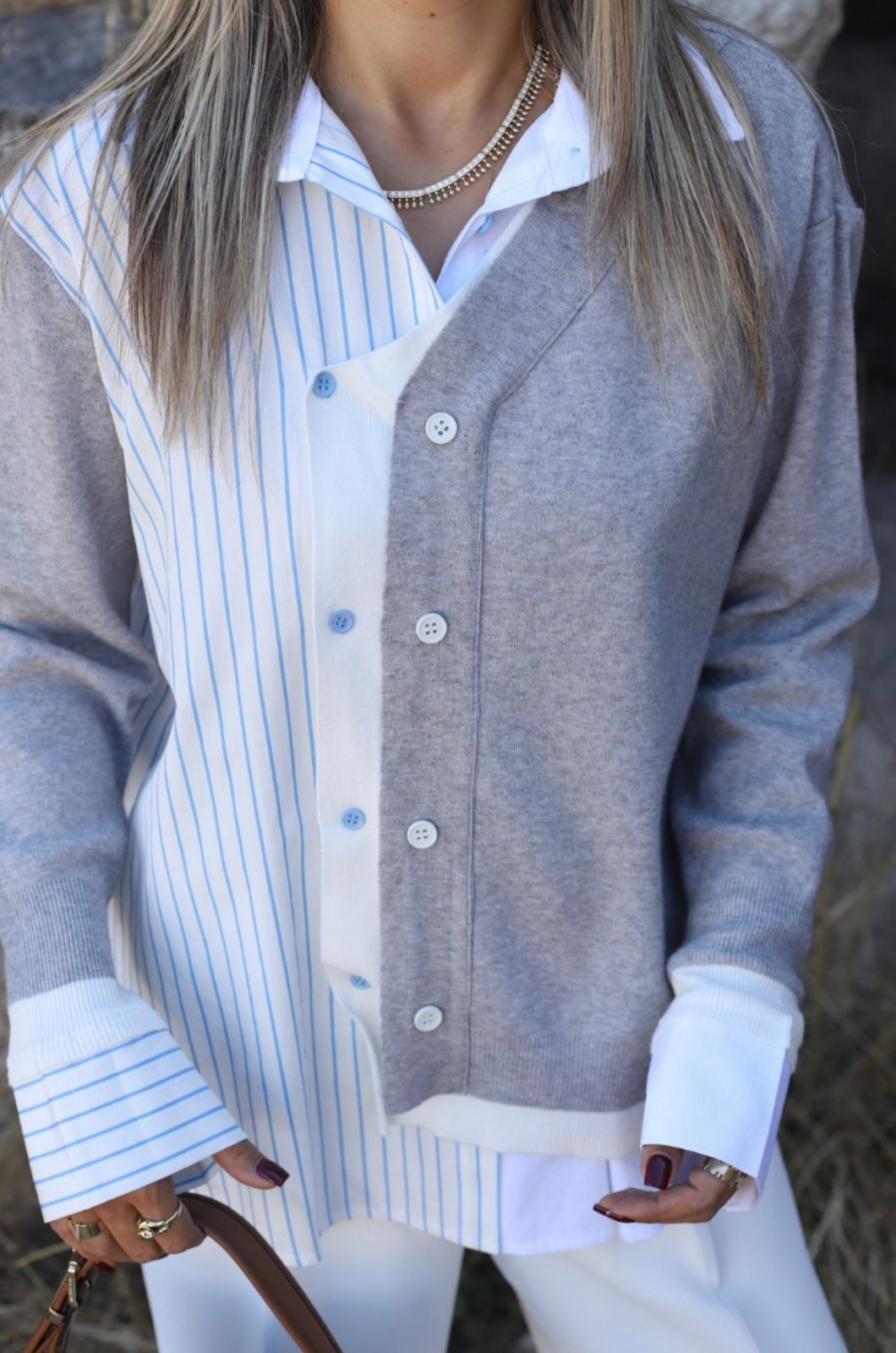 Grey Patchwork Shirt With Striped Details