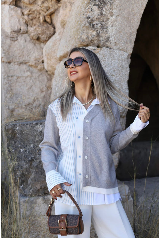 Grey Patchwork Shirt With Striped Details