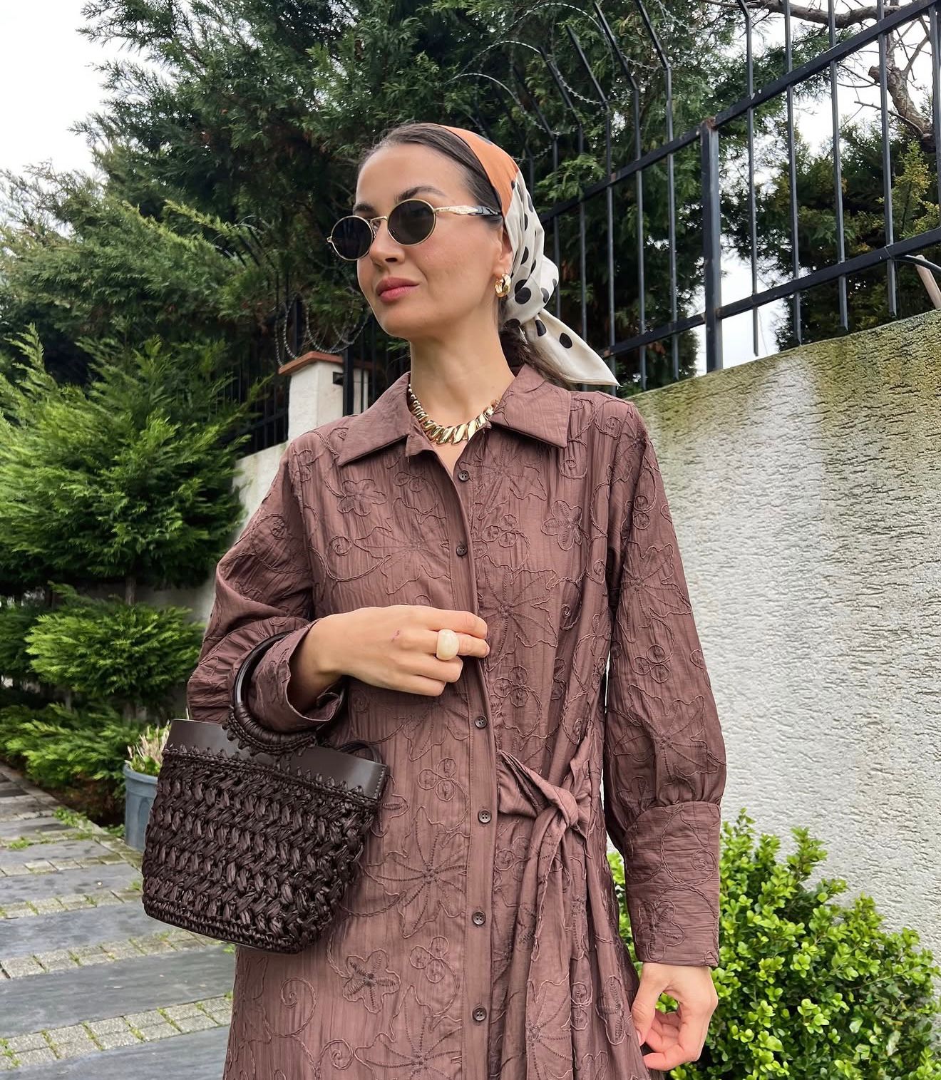 Chocolate Embroidered Side-Tie Shirt Dress