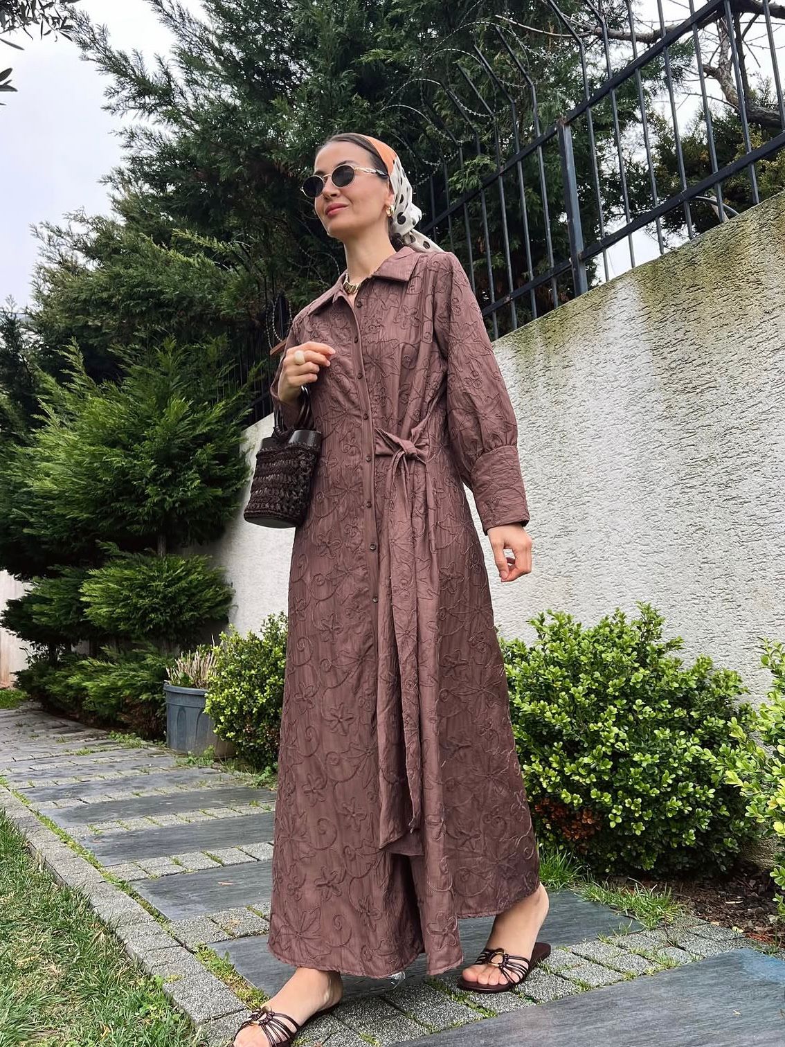 Chocolate Embroidered Side-Tie Shirt Dress