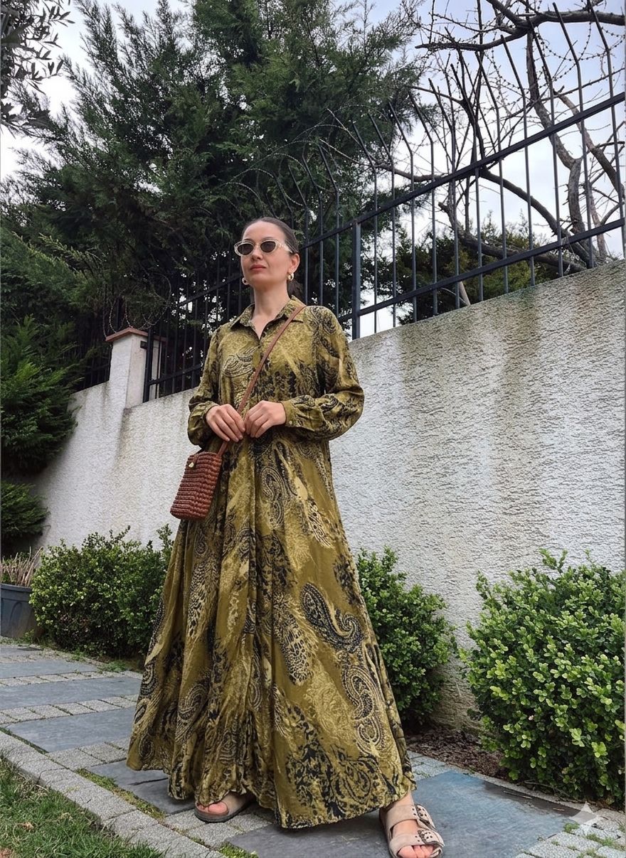 Olive Paisley Flowy Shirt Dress