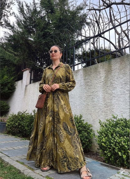 Olive Paisley Flowy Shirt Dress