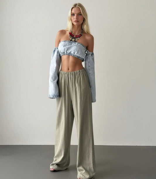 Light Olive Wide-Leg Linen Pants