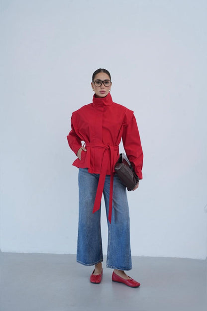 High Neck Oversized Belted Jacket In Red