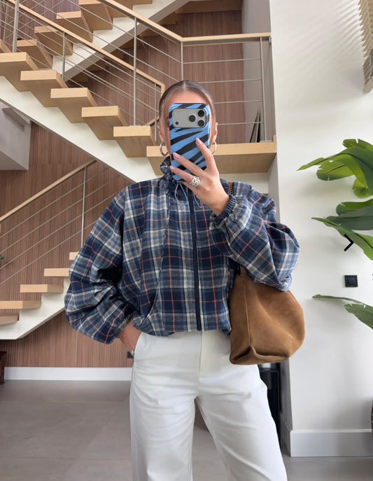 High Neck Checked Zip Jacket
