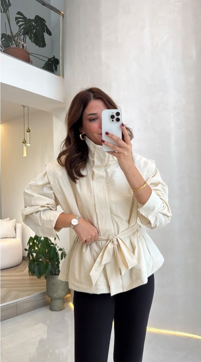 High Neck Oversized Belted Jacket In Vanilla