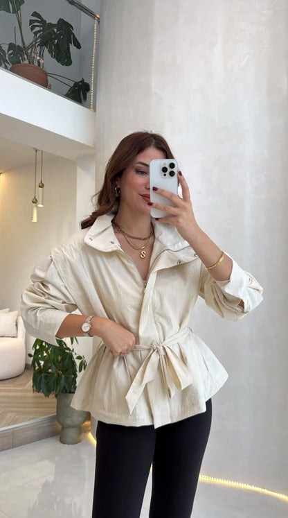 High Neck Oversized Belted Jacket In Vanilla