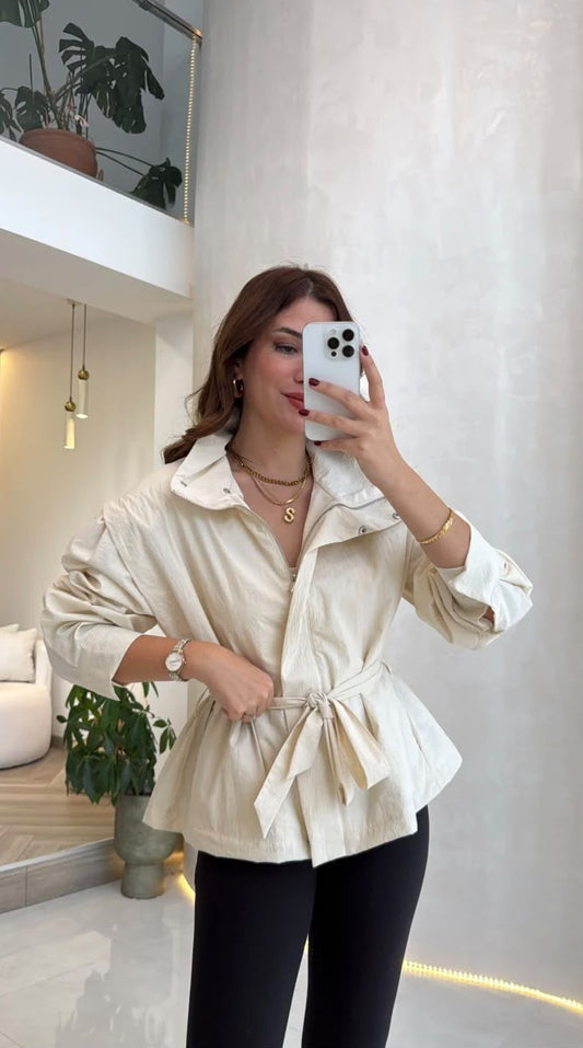 High Neck Oversized Belted Jacket In Vanilla