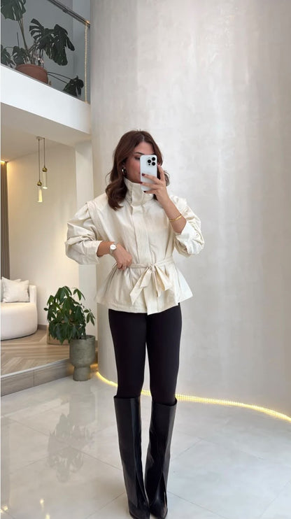 High Neck Oversized Belted Jacket In Vanilla