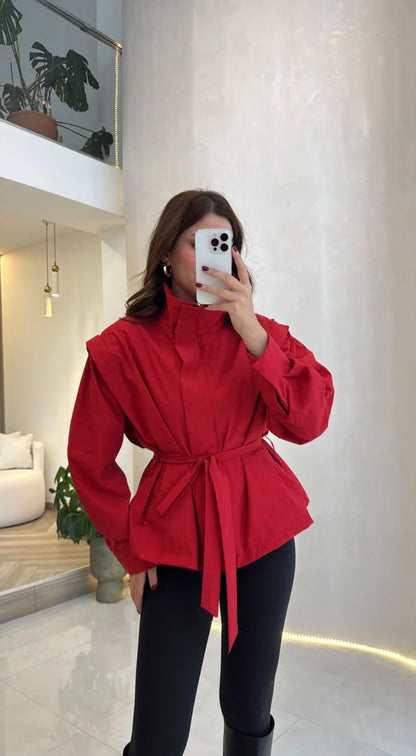 High Neck Oversized Belted Jacket In Red