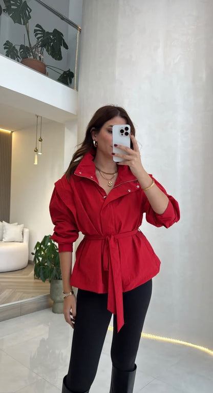 High Neck Oversized Belted Jacket In Red