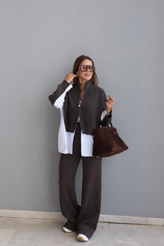 Oysho Brown Shirt-Detail Knit Set