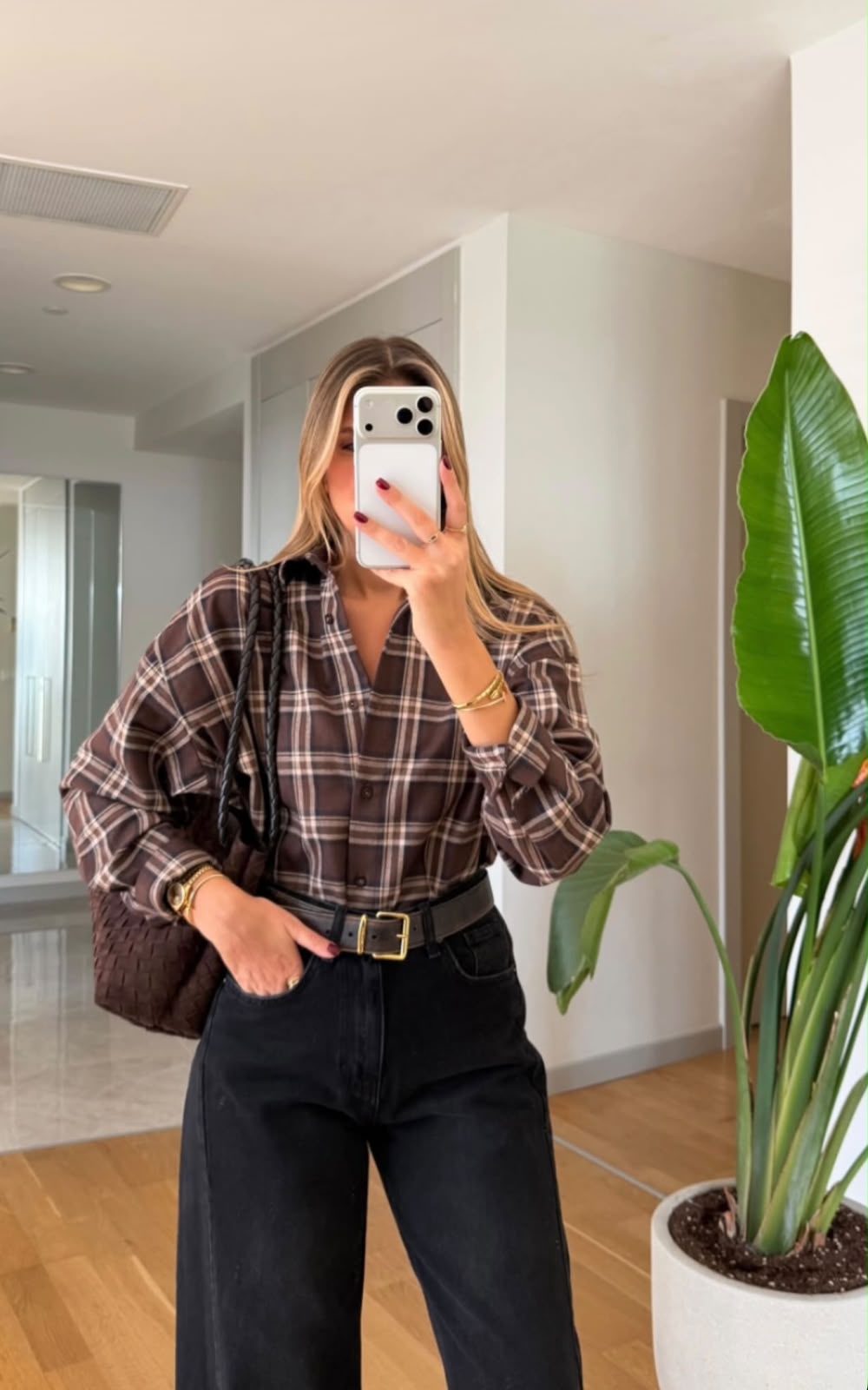 Plaid Knit Shirt In Brown