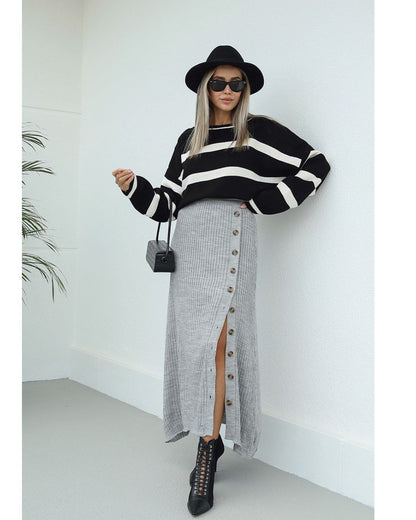 Button Front Ribbed Knit Maxi Skirt