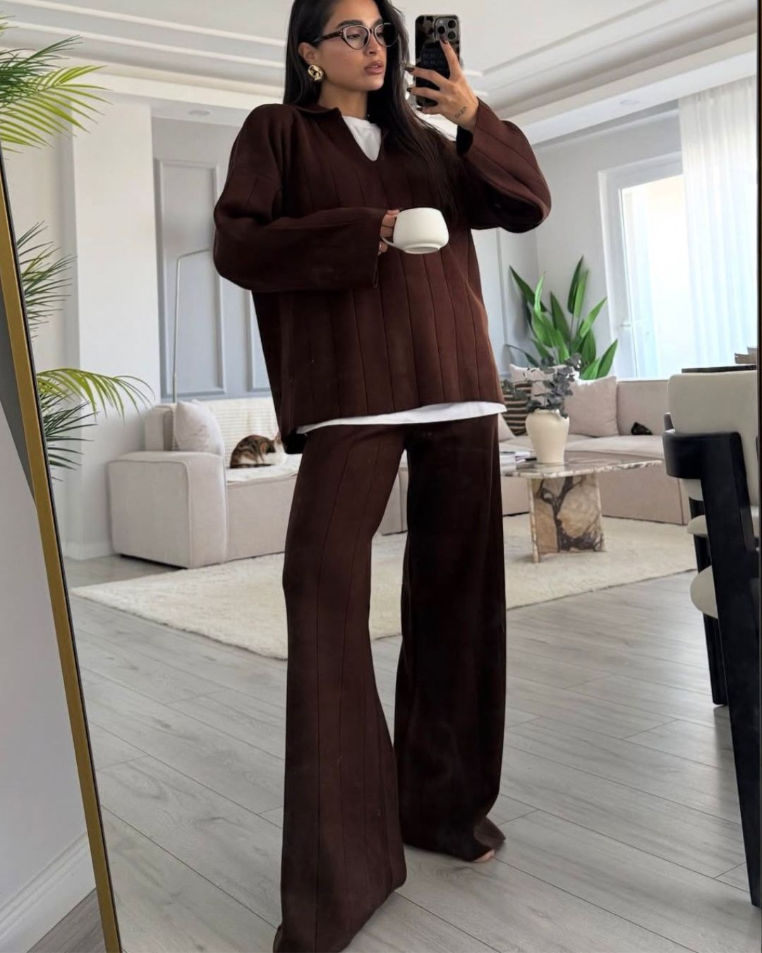 Brown Ribbed Knit Set
