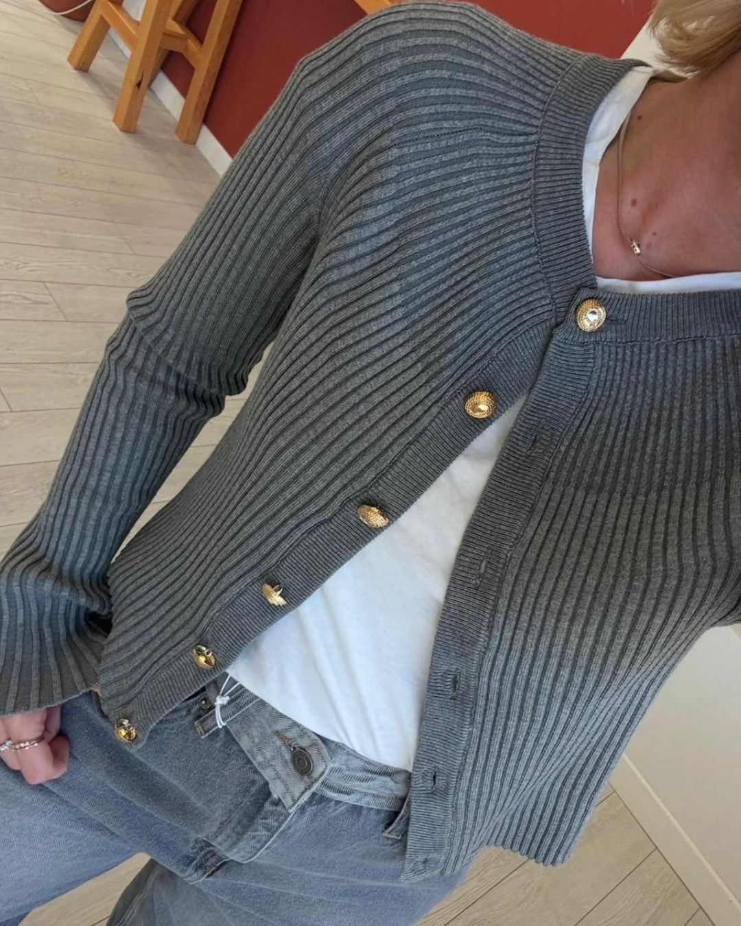 Grey Ribbed Button Cardigan