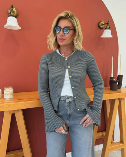 Grey Ribbed Button Cardigan