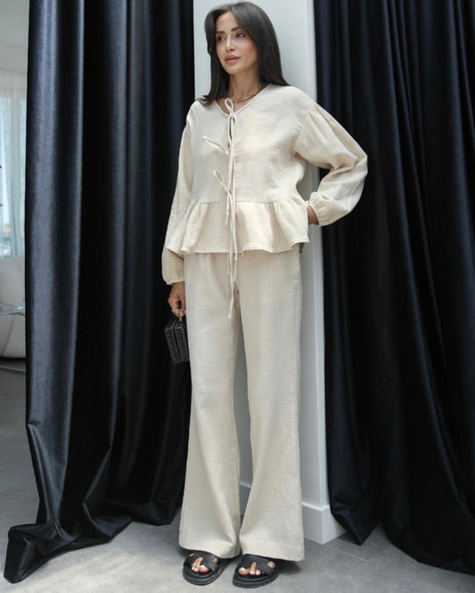 Beige Tie Front Linen Set