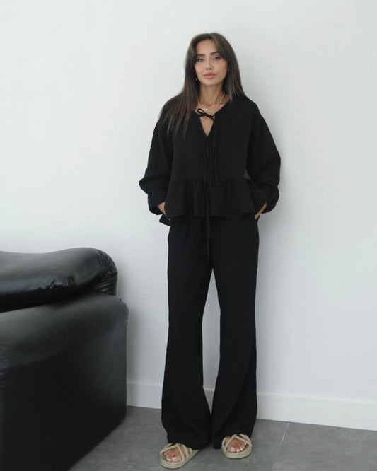 Black Tie Front Linen Set