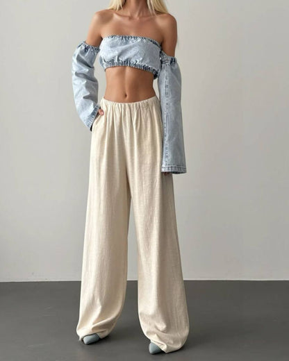 Linen Beige Wide Pants With Elastic Waist