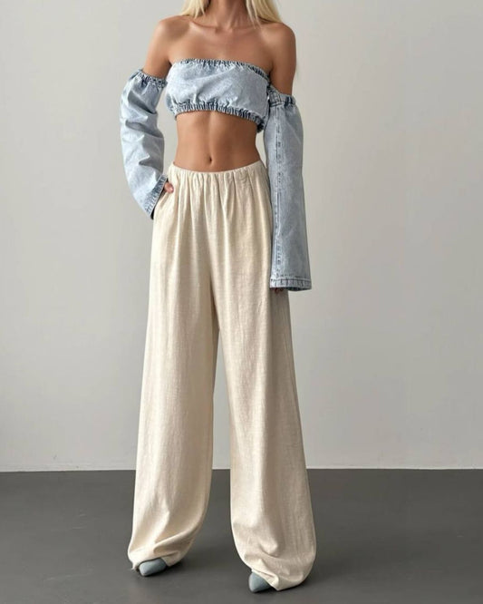Linen Beige Wide Pants With Elastic Waist
