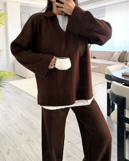 Brown Ribbed Knit Set