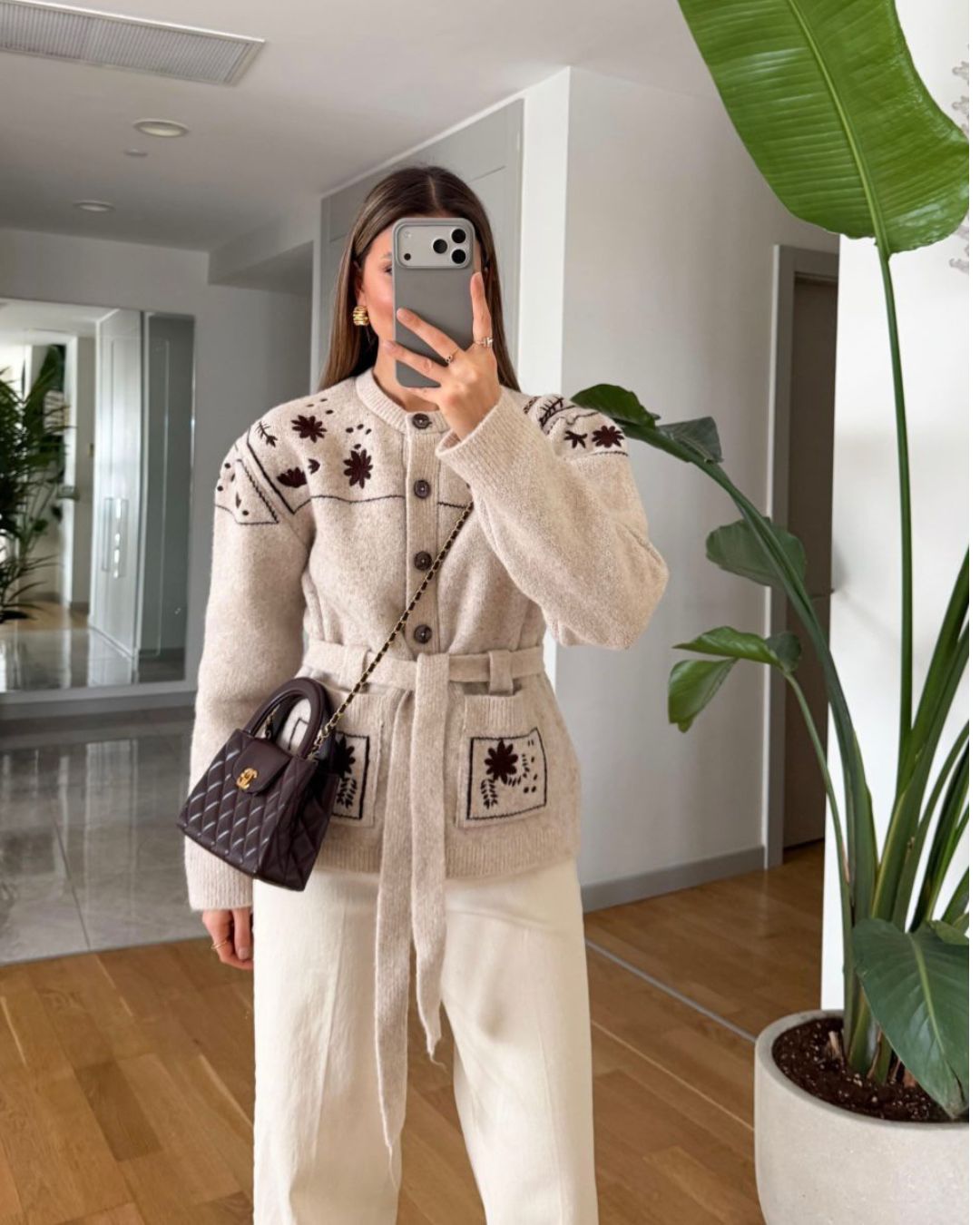 Beige Cardigan With Embroidery Flowers